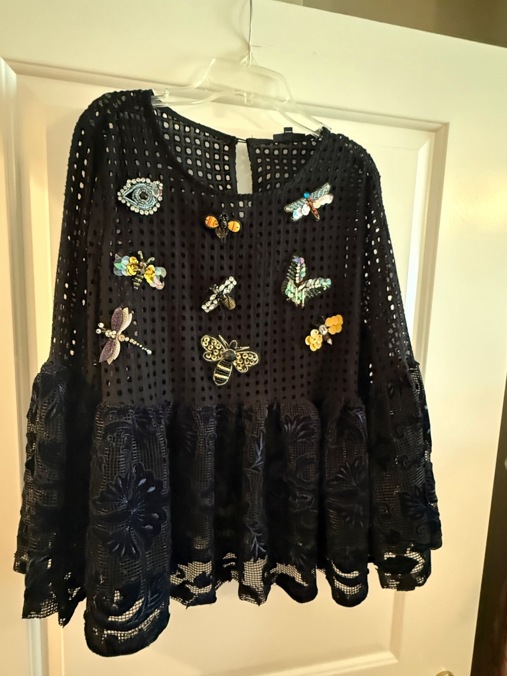 Embellished Black Eyelet Peplum Blouse